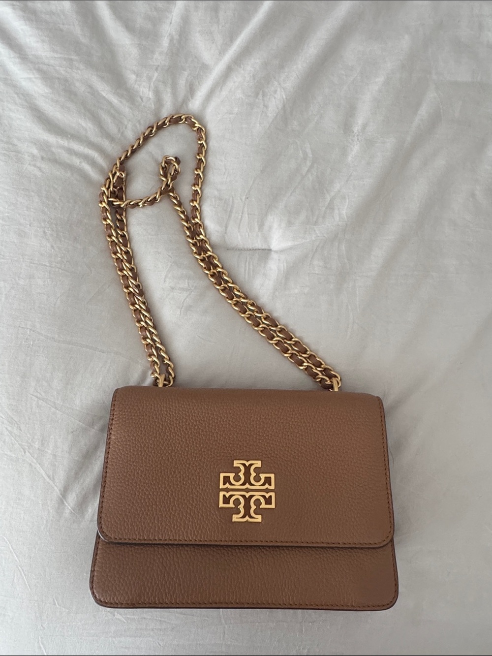 Tory Burch Tan Pebbled Leather Shoulder Bag with Gold Chain - Picture 1 of 4